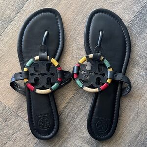 Tory Burch Black Sandals with Colorful Threaded Detail | Size 9